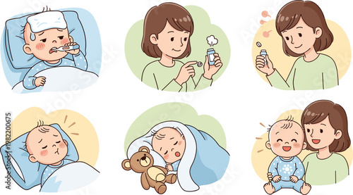 Cartoon Baby Care Illustration Set Featuring Sick Baby with Fever, Mom Administering Medicine, and Baby Recovering for Health, Parenting, and Family Care Designs
