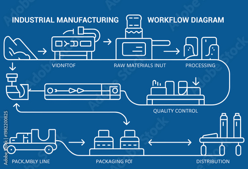 Industrial manufacturing workflow diagram with stages from raw materials to distribution on blue background