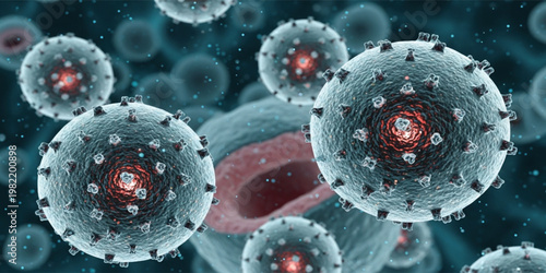 Detailed Microscopic Virus Cells Close Up Medical Illustration Showing Pathogen Structure Infection Spread and Microbiology Research Concept for Healthcare and Science Background