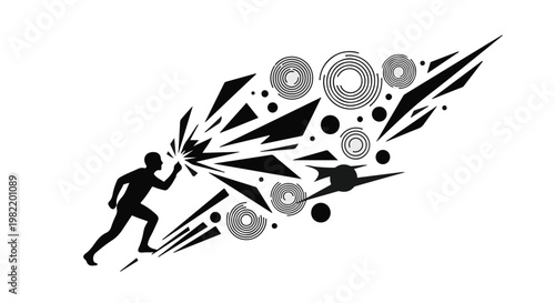 Businessman charging forward into a cloud of abstract geometric fragments represents the transition through chaos toward a new vision or disruptive change in a corporate environment.