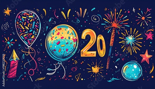 Festive Watercolor Party Illustration with Balloons, Hat, Sparklers, and Colorful Confetti