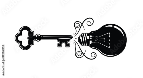 Key unlocking a bright lightbulb idea symbolizes the transition from stagnant traditional thinking to finding innovative solutions for complex professional challenges in a modern workspace.