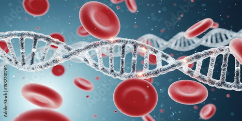 DNA Helix Structure with Red Blood Cells Medical Science Illustration Showing Genetics Hematology and Molecular Biology Concept for Healthcare Research and Biotechnology Design