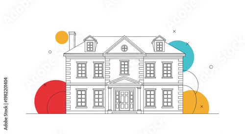 Grand architectural line drawing of a large manor house with multiple windows and colorful geometric shapes behind.