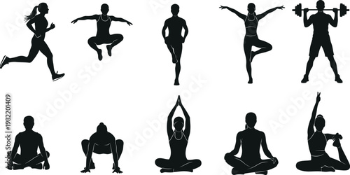 Black silhouettes of people doing various yoga and fitness exercises and poses together