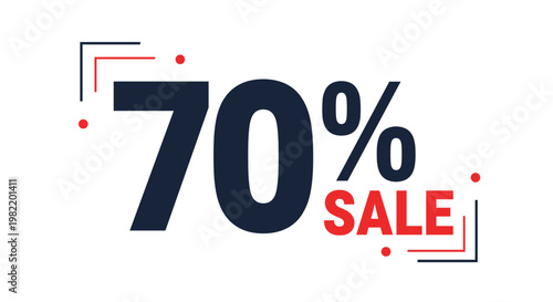 Bold seventy percent discount sale banner features dark blue text and red accent lines on a clean white background.