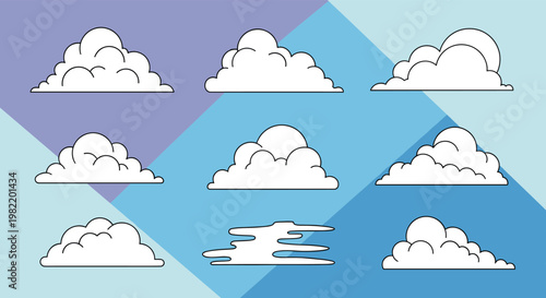 Assorted white cloud icons with black outlines are arranged on a stylish background with varying shades of blue.