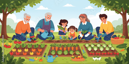 Family Gardening Together in Backyard with Children and Grandparents Growing Vegetables Healthy Lifestyle Outdoor Activity Organic Farming and Home Garden Illustration