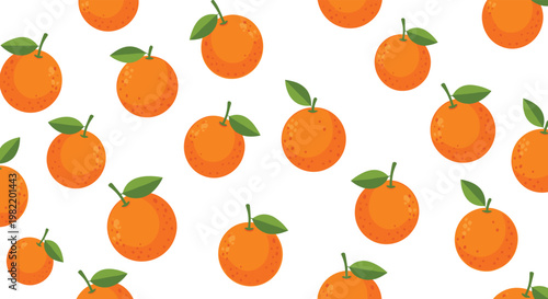 Vibrant seamless pattern showcases juicy whole oranges with green leaves scattered on a crisp white background tile.