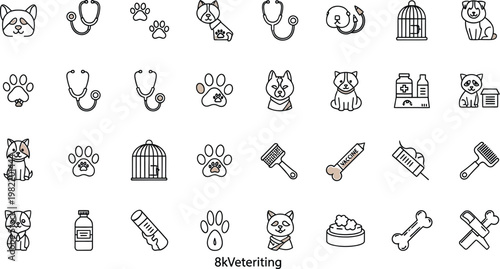 Veterinary icons depict pet care services.