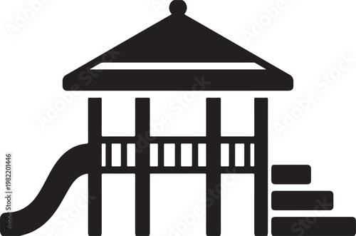 Black and white of a playground gazebo structure with a slide and stairs, isolated on a white background