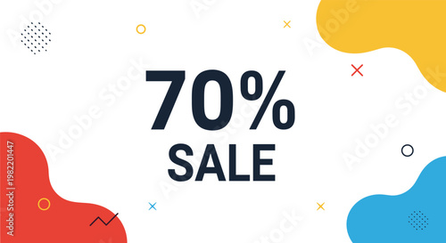 Seventy percent discount sale banner is surrounded by colorful abstract liquid blobs and geometric design elements.
