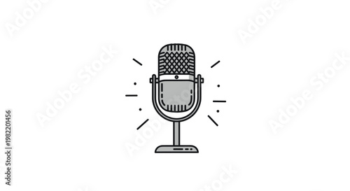 Vintage style studio microphone icon with sound wave lines representing podcasting, radio, and vocal recording sessions.