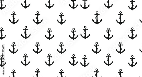Seamless nautical pattern featuring black ship anchors repeated across a clean white background for marine theme designs.