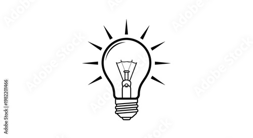 Simple line art illustration of a glowing light bulb with rays of light representing inspiration, ideas, and innovation.