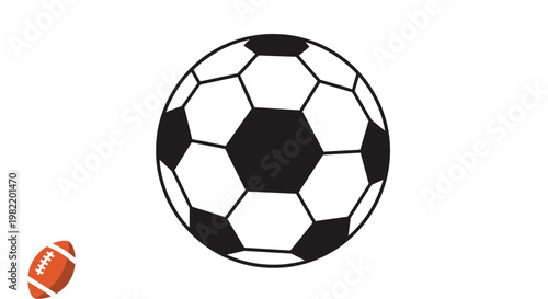 Large black and white soccer ball illustration paired with a small brown American football on a white background.