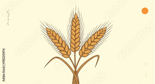 Three golden ears of wheat arranged symmetrically on a light beige background with subtle geometric decorative elements.