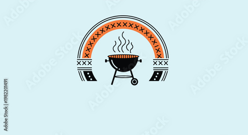 Stylized barbecue grill icon placed under a decorative arch with ethnic patterns on a light blue background.
