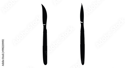 Pair of surgical scalpel silhouettes standing vertically on a white background representing medical surgery and anatomy.