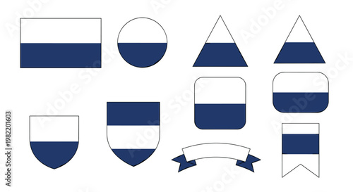 Assorted collection of blue and white geometric shapes including flags, shields, and banners used for heraldry, logos, or national symbols.