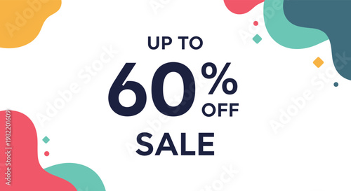 Promotional sale banner with up to sixty percent off text surrounded by colorful abstract liquid shapes and confetti on a white background.