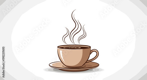 Warm brown coffee cup sitting on a saucer with stylized steam rising from the hot beverage against a white and light grey background.