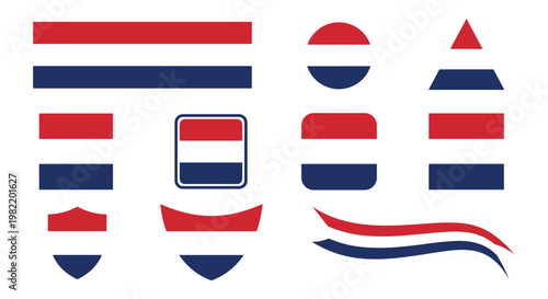 Selection of decorative banners and ribbons featuring a horizontal tricolor pattern of red, white, and dark blue on a white background.
