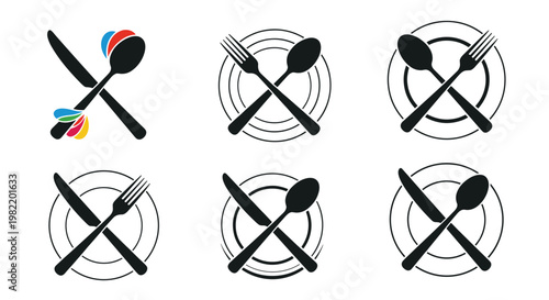 Collection of six different cutlery icons featuring spoons, forks, and knives in various configurations for restaurant and dining use.