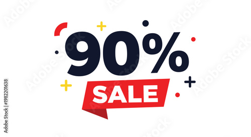 Dynamic ninety percent sale promotional graphic featuring bold numbers and a red ribbon banner with confetti dots and cross symbols.