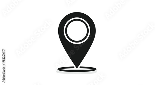 Large black map pin or location pointer icon with a shadow effect on a white background used for navigation and geographic positioning apps.