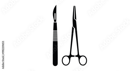 Black silhouettes of a medical scalpel and surgical forceps used in hospitals and operating rooms for medical procedures and dissections.