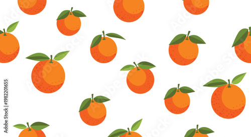 Seamless pattern featuring bright orange fruits with green leaves scattered randomly over a clean white background for food themes.