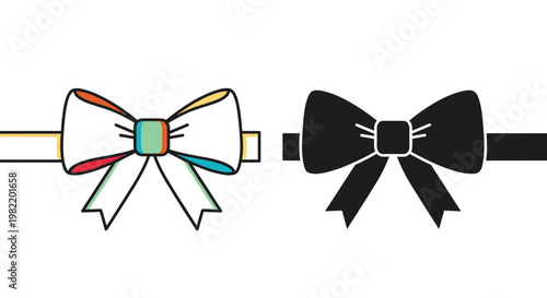 Two different bow tie illustrations including one with colorful patterns and another in solid black placed together on a horizontal bar.