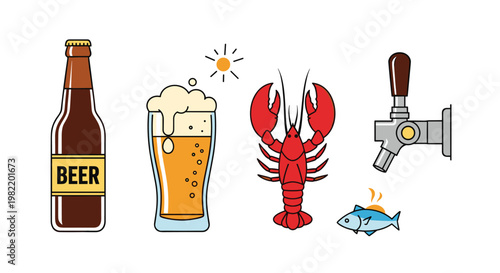 Set of icons for a pub or seafood restaurant including a beer bottle, a full glass of beer, a red lobster, a fish, and a beer tap dispenser.