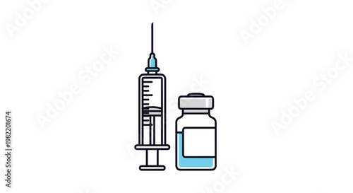 Medical syringe and a vial bottle containing blue liquid illustrated with black outlines for vaccination and medical treatment concepts.