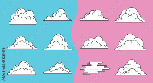 Collection of twelve white cloud icons in different shapes and styles on blue and pink background panels for weather and design use.