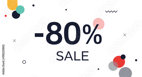 Discount promotional banner with minus eighty percent sale text and scattered colorful geometric shapes for retail advertising.
