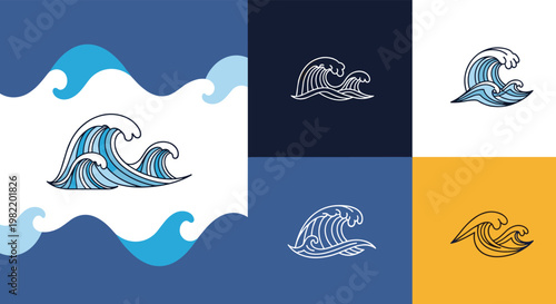 Diverse set of sea wave logo designs in various styles and color schemes for maritime nautical or outdoor sports branding projects.