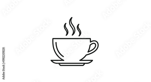 Black outline icon of a steaming hot coffee cup sitting on a saucer isolated on plain white background for cafe and restaurant use.