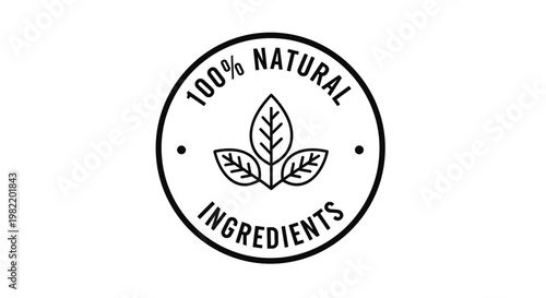 Circular black and white stamp for one hundred percent natural ingredients featuring a leaf icon for product packaging and labels.