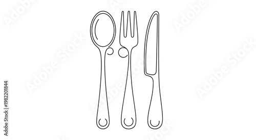 Minimalist line art illustration of a metal spoon fork and knife arranged vertically on a white background for dining and menu.