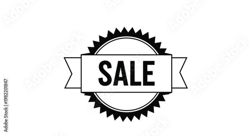 Black and white sale promotional tag featuring a ribbon and serrated circular edge isolated on white background for retail discount.