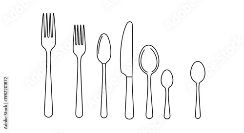 Comprehensive set of different cutlery items in line art style including various forks spoons and a knife on a white background.
