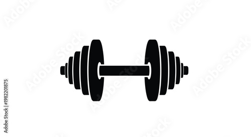 Heavy metal dumbbell silhouette isolated on a white background for fitness, bodybuilding, and weightlifting themes.