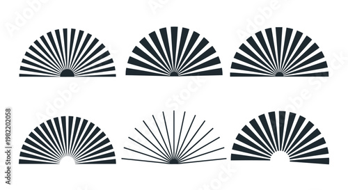 Collection of six semi-circular sunburst or fan shapes featuring various radial line weights and designs in a dark gray color.