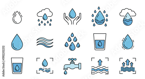 Comprehensive collection of fifteen icons related to water, weather, and plumbing featuring drops, clouds, and taps.