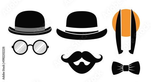 Assortment of gentleman's fashion accessories including bowler hats, round glasses, mustache, beard, and bow tie.