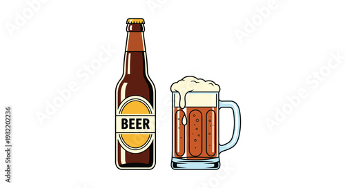 Vibrant flat illustration of a brown glass beer bottle labeled beer next to a full mug with overflowing white foam.