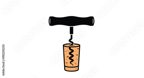 Simple illustration of a traditional black handled corkscrew being twisted into a brown wine bottle cork on white.