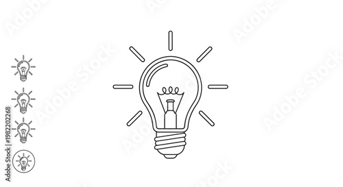 Conceptual set of light bulb icons representing ideas and innovation with a large main bulb and small variations.